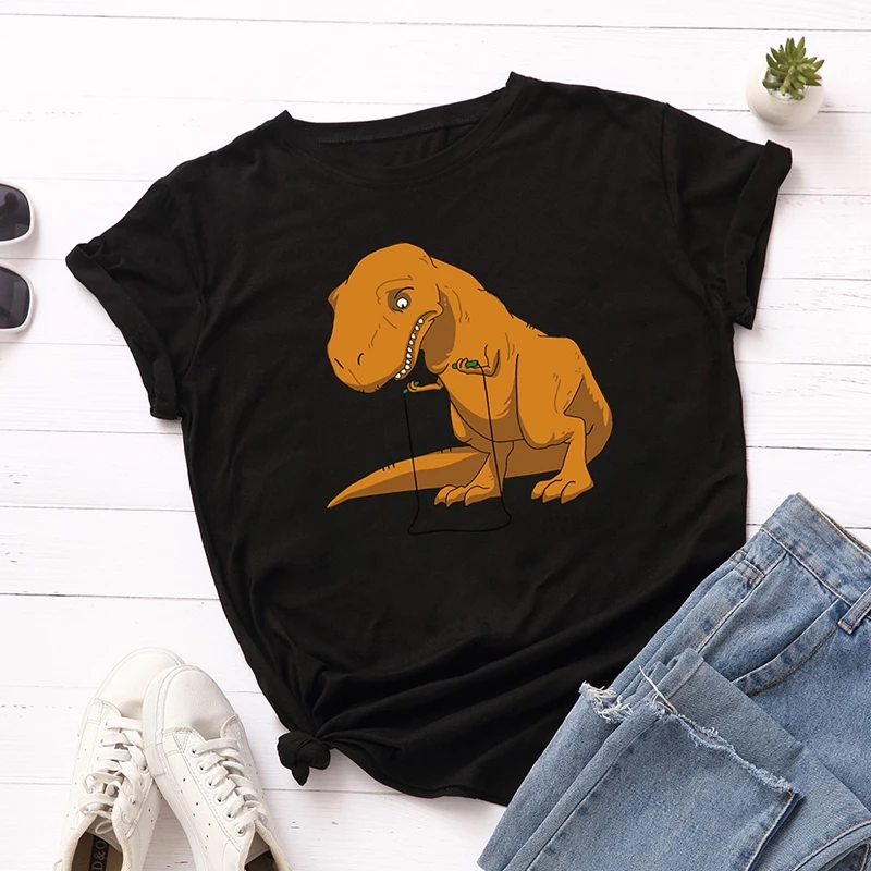 Хлопок плюс размер women женские футболки Графические футболки женские рубашки летние топы с принтом динозавра забавная футболка одежда - Цвет: Черный