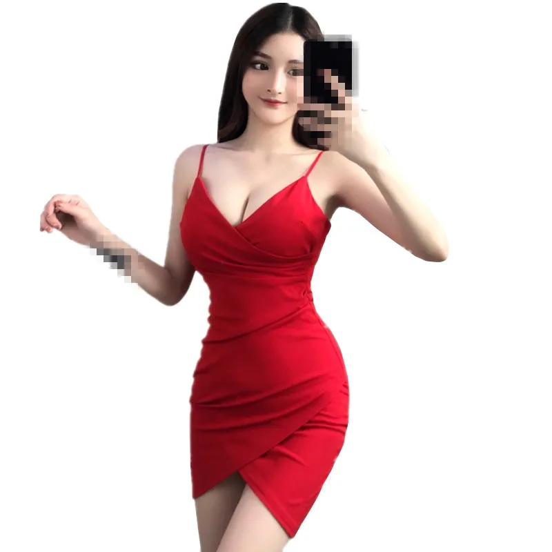 C1401-Summer-2019-new-women-fashion-low-cut-slit-strap-v-neck-sexy-wrap-buttocks-dress