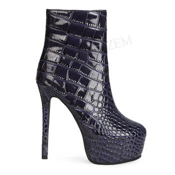

SEIIHEM Women Ankle Platform Boots Side Zip Crocodile Patent Ladies High Heels Short Booties Shoes Woman Large Size 36 42 44 45
