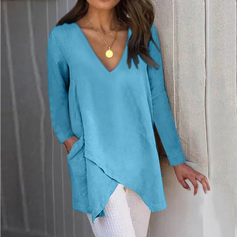 

Fall Autumn Sexy Irregular Large Long Sleeves Blouses Solid Color Plus Size Ladies Tops Casual Pockets V Neck Sheath Shirts 5xl
