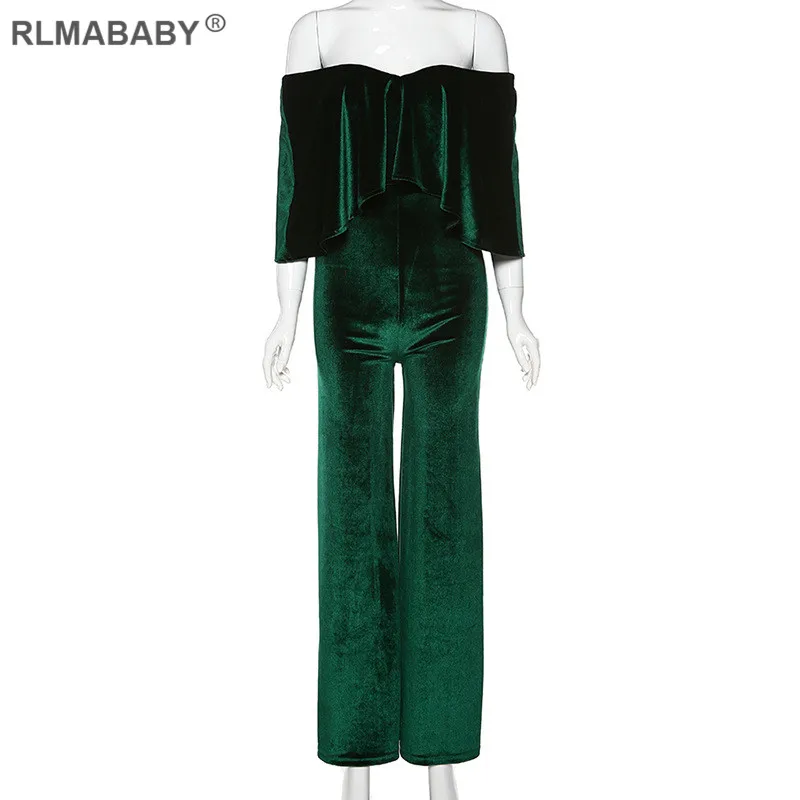 Green Jumpsuit Rlmaaby сексуальные бархатные комбинезоны с оборками, женский комбинезон с открытыми плечами, комбинезоны с коротким рукавом, длинный комбинезон, повседневный комбинезон для офисных леди - Цвет: Green Jumpsuit