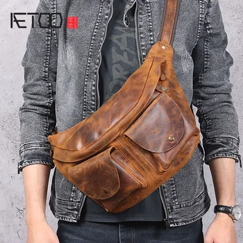

AETOO Casual retro mad horse leather breast bag, men's head leather shoulder bag, leather large bag