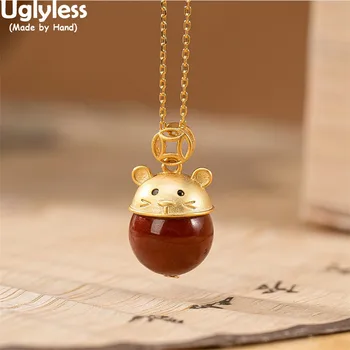 

Uglyless Best Gifts Jewelry in Rat's Year Full Fat Mouse Pendants for Women Nature Agate Gemstones Necklaces No Chain 925 Silver