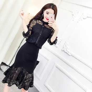 

High Quality Women Set Sexy Single Breasted Hollowing Out Embroidery Top+Elegant High Waist Fish Tail Skirt Leisure 2-Piece Set