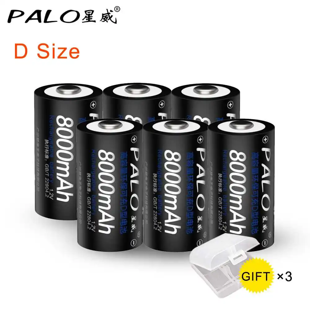 PALO 1.2V D Size Rechargeable Battery 8000mAh Type R20 Ni-MH Batteries+Charger For Flashlight Water Heater Gas Stoves | Электроника