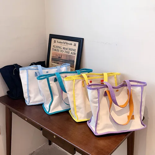 여성용 캔버스 토트백, 패치워크, 대용량 쇼핑, 여행 패션, 인스타그램, 매치하기 쉬운 2021, 베이지, 형광 옐로우 2