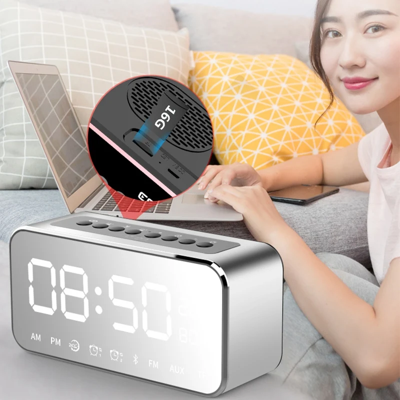Портативный mp3-плеер Зеркало Led стерео спикер s Bluetooth спикер с fm-радио Время Будильник(серебро