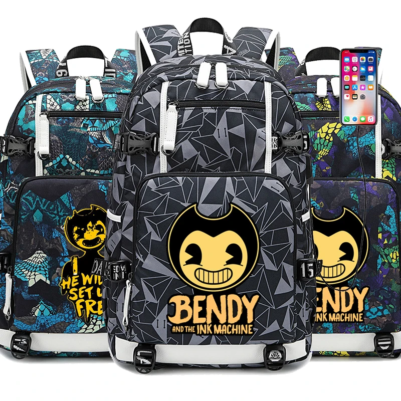Bendy и чернильная машинка рюкзак usb зарядка дорожная сумка для подростков мальчиков девочек Школьный рюкзак сумка для ноутбука Косплей
