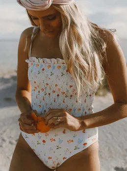 

Sexy White and Print Smocked Off-the-Shoulder Bandeau Bikini Sets Swimsuit Two Pieces Swimwear Women 2020 Beach Bathing Suit