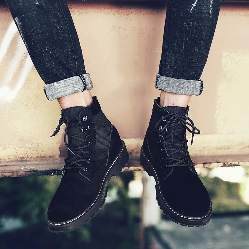Autumn Mens Tactical Military Boots Black Leather Ankle Boots For Men Adult Work Canvas Shoes Vintage Style Lace Up