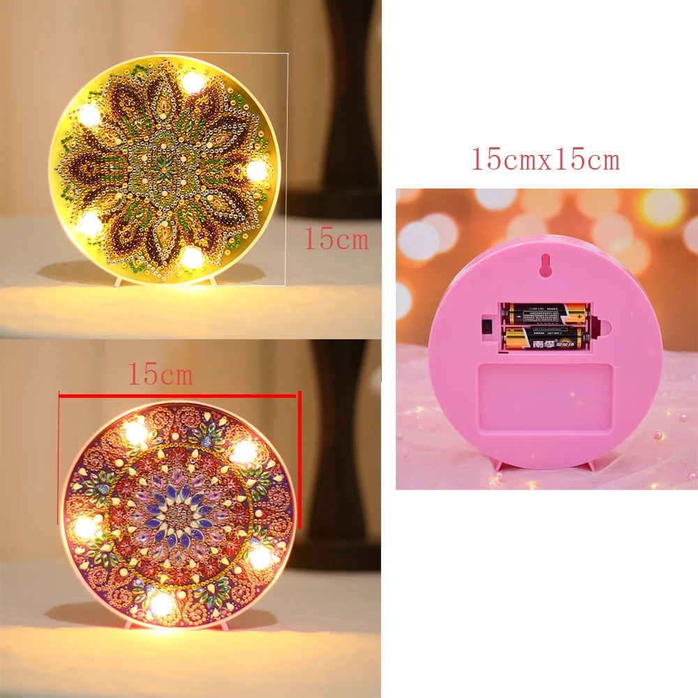 Christmas Hot Sale Round Circle Animal Mandala Landscape Diy Diamond Painting Led Light Lamp On The Table Round Shinny Beads