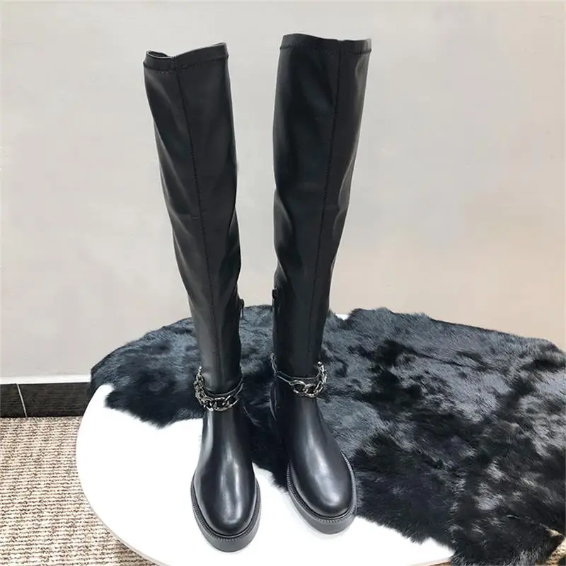 Scarpe donna/зимние женские высокие сапоги; черные женские сапоги выше колена с круглым носком, украшенные цепочкой и кристаллами; женская обувь; Botas Largas Dama
