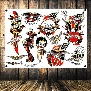 

Classic Tattoo Pattern Poster High Quality Print Art Canvas White Banner Four-hole Flag Tattoo Studio Background Wall Decor f6