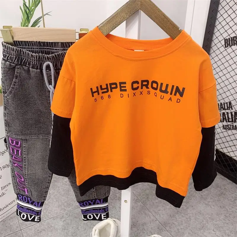 Baby Boys Clothing Sets Spring Autumn Children's Fake two T-shirts+ Jeans Pants 2pcs Suits Sports Kids Clothes Fashion | Детская