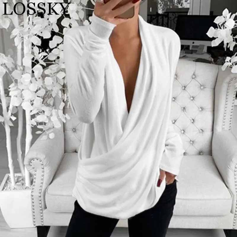 Женская Осенняя сексуальная белая черная блузка с глубоким вырезом, рубашка, повседневный глубокий v-образный вырез, длинный рукав, свитер с рюшами, рубашки для девушек, простые Осенние Топы