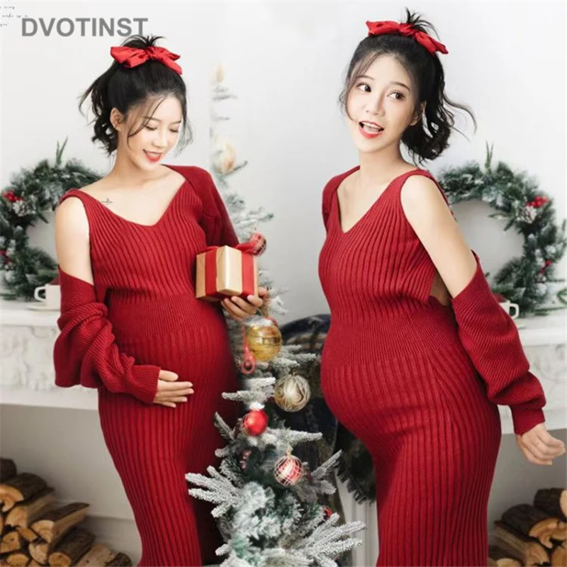 Dvotinst Women Photography Props Maternity Tank Dresses Pregnancy Red Christmas New Year Dress Cardigans 2pcs Studio Clothes