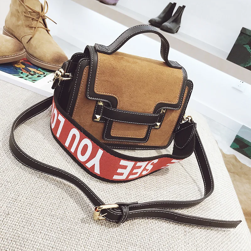

2019 New Style Dull Polish Magnetic Snap Square Sling Bag Leather Belt Letters for Decoration Wide Strap Shoulder Oblique Handba