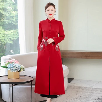 

2020 women coat top chinese style retro embroidery peony elegant loose lady warm trench coat female