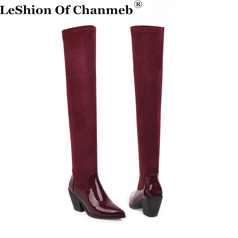 

2020 New Fashion Patent PU Leather Patchwork Stretch Faux Suede Over-the-Knee Boots for Women Winter Boots Ladies Woman Shoes 46