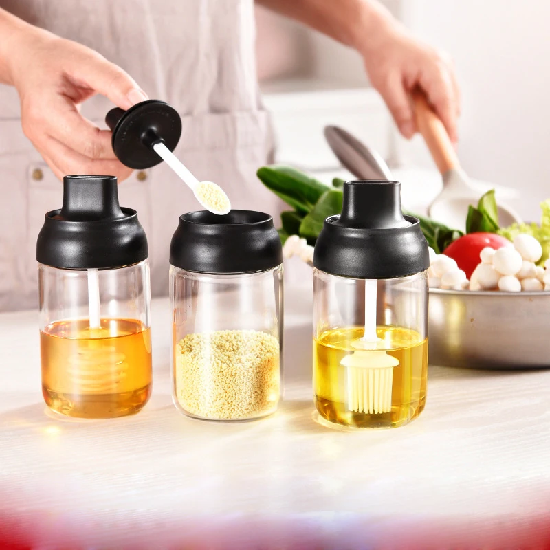Kitchen supplies with spoon glass pepper cruet glass spoon cover moisture-proof transparent seasoning tank kitchen accessories