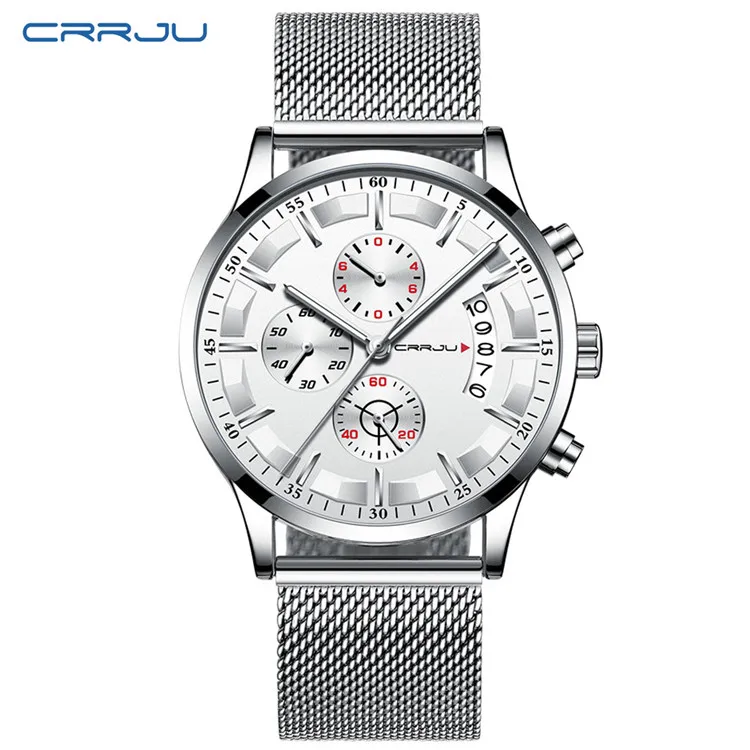 Silver White Мужские s часы CRRJU водонепроницаемые кварцевые мужские деловые часы лучший бренд Роскошные Часы повседневные синие спортивные часы Relogio Masculino - Цвет: Silver White