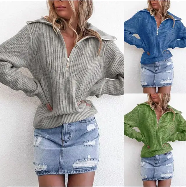 

High quality 2019 autumn new fashion stylist style pullovers women's high collar half zipper sexy sweater oversize S-2XL