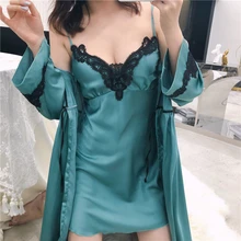 Ночная рубашка, кружевная, сексуальная, очаровательная, на бретельках, женская, летняя, ночная рубашка, на груди, с подушечкой, 2 предмета, костюм, новинка, с длинным рукавом, для дома, Халат