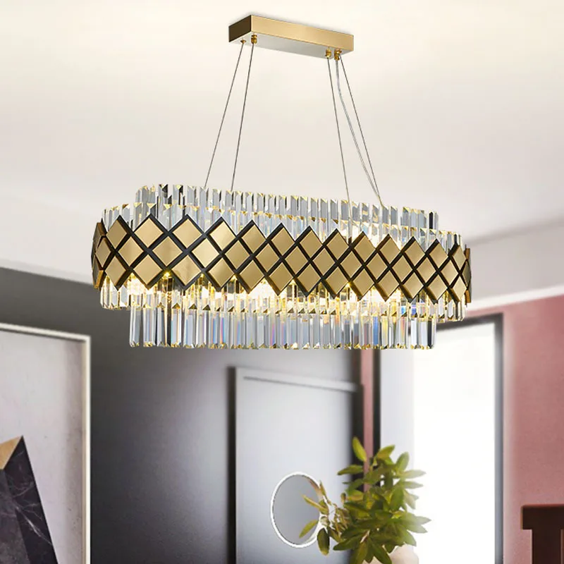 

FSS Modern Crystal Gold Rectangle Chandelier Lighting For Dining Room Bedroom Round Chandeliers Living Room Light Fixtures
