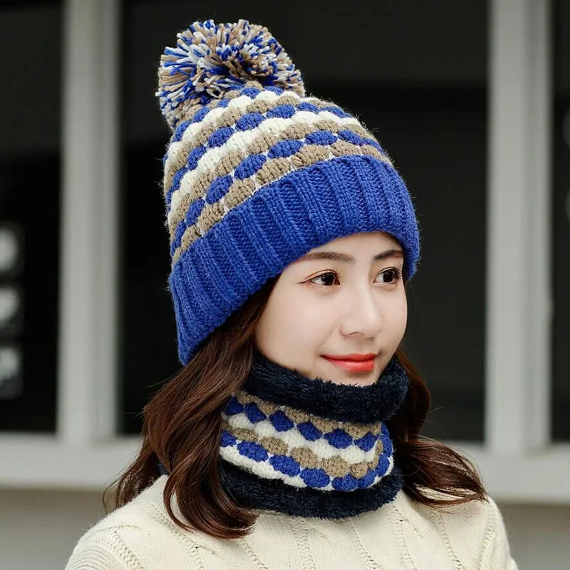 Hat scarf blue Новая вязаная зимняя шапка, шарф, набор, женские толстые хлопковые шапки-бини и шарф с кольцом, женские вязаные зимние аксессуары, подарок для девочек - Цвет: Hat scarf blue