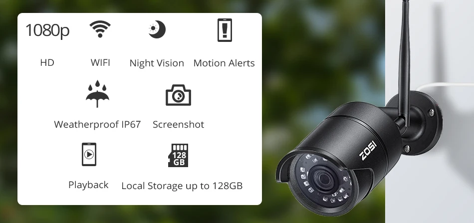 ZOSI 2MP 1080P Led беспроводная IP камера водонепроницаемая Смартфон пульт дистанционного управления CCTV ночного видения видео пуля инфракрасный монитор