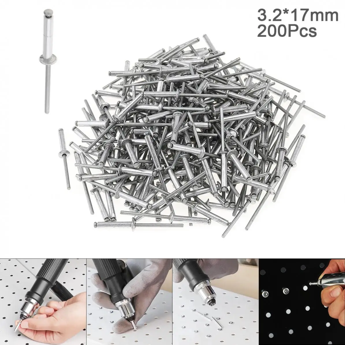 200pcs M3.2x17mm Aluminium Rivet Gun Core Pulling Riveting Break Mandrel Nail with Mushroom Head and Polished Chrome Surface new 180pcs aluminium mushroon head break mandrel blind rivets nail black pop rivets flat round head split brivets