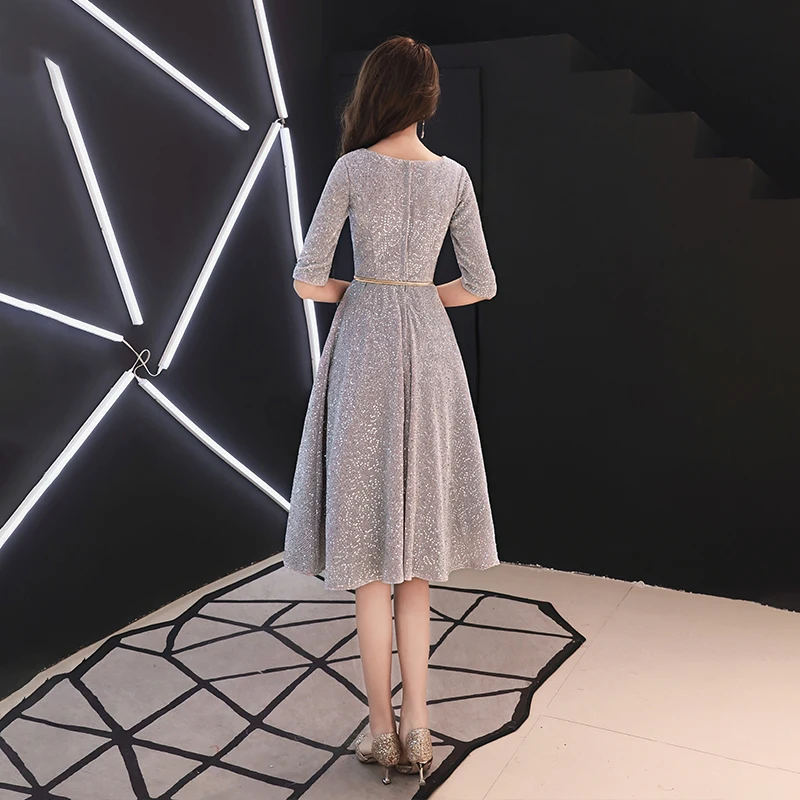 Skyyue ТРАПЕЦИЕВИДНОЕ платье для выпускного вечера Vestidos De Fiesta K148 серебристо-серые элегантные вечерние платья с блестками с v-образным вырезом и рукавом до колен