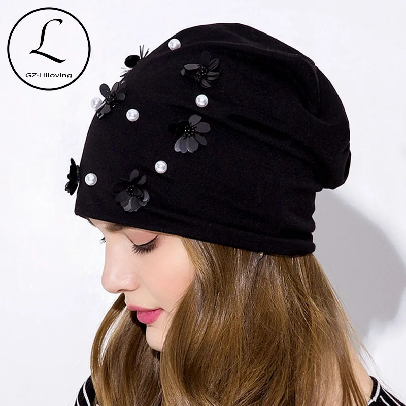 GZhilovingL 女性真珠の花の帽子ソフト春薄型前かがみ Skullies ビーニー帽子キャップ 2020 新レディースガールズブラックセクシー冬帽子