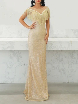 

2019 Evening Dress Elegant Maxi Sequins Gowns V-neck Mesh Tassels Sleeves Robe De Soriee Mermaid Female Glitter Party Dress Long