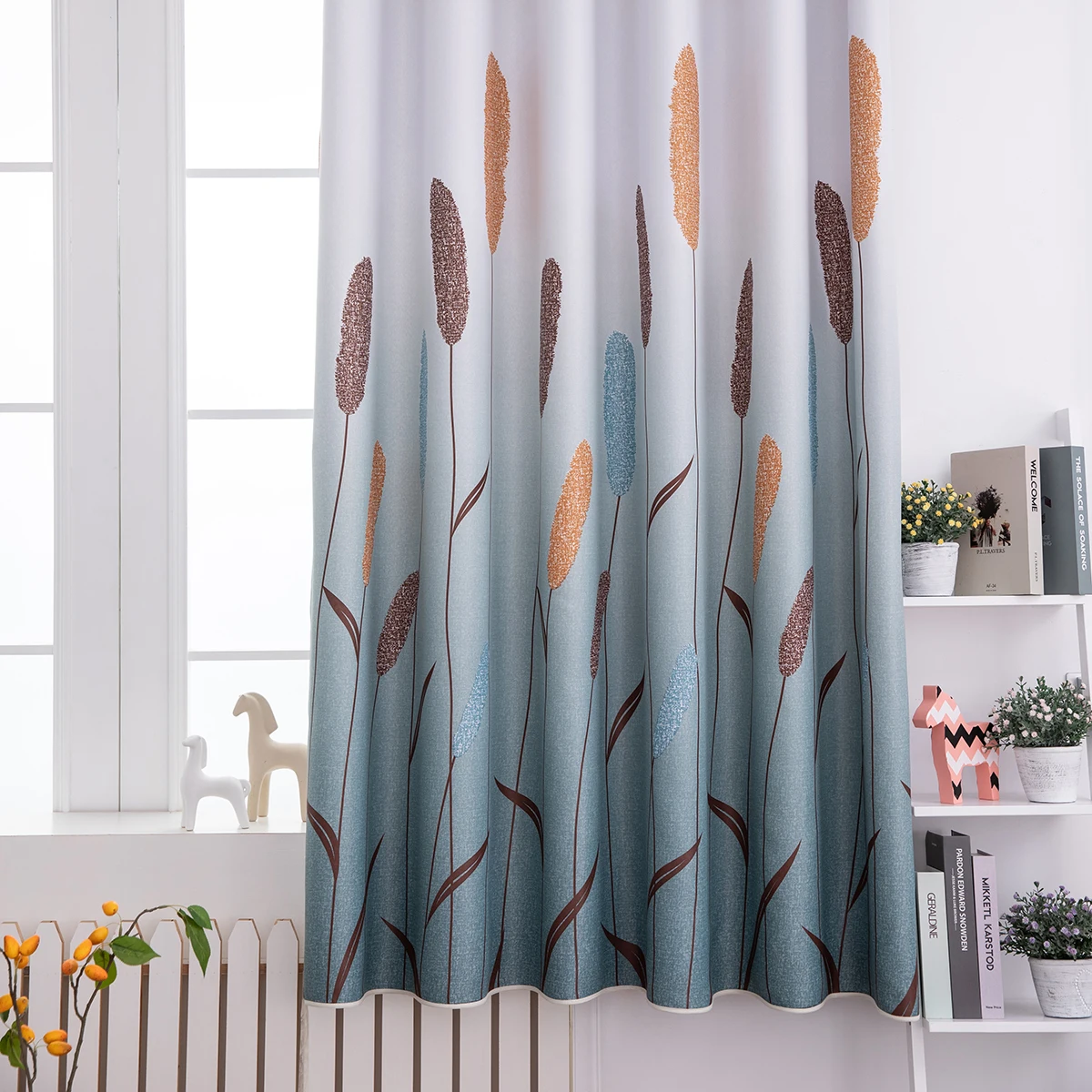 

100*200 Reed Printed Curtain Fabric for Bay Window Blue/Pink Gradient Curtain Cloth Shading Blackout Curtains for Bedroom 1pcs