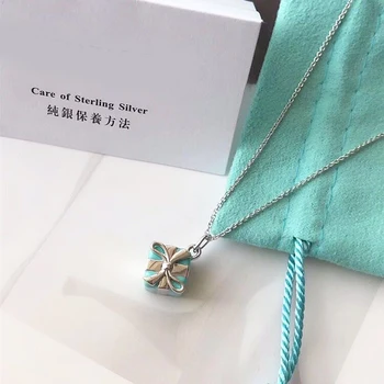 

925 sterling silver blue enamel gift box pendant necklace European and American fashion women holiday gifts free shipping