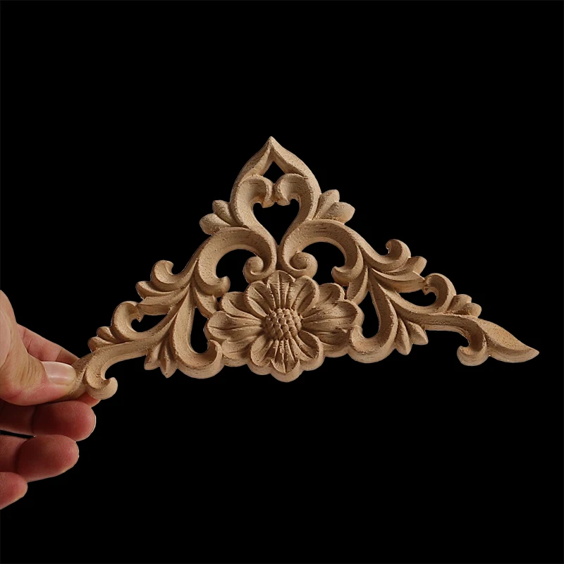 Horn Flower Rectangle Carving Natural Wood Appliques For Furniture Cabinet Unpainted Wooden Mouldings Decal Vintage Decoration