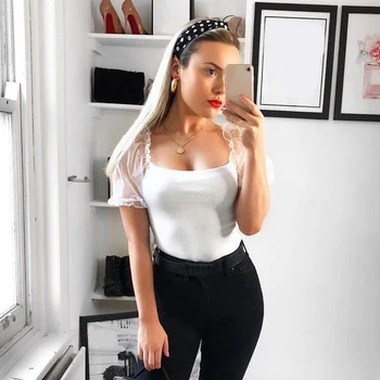 

Organza Puff Sleeve Splice Women T-shirts Black White Square Collar Female Tshirt Tops 2020 Summer Casual Fashion Lady t shirts