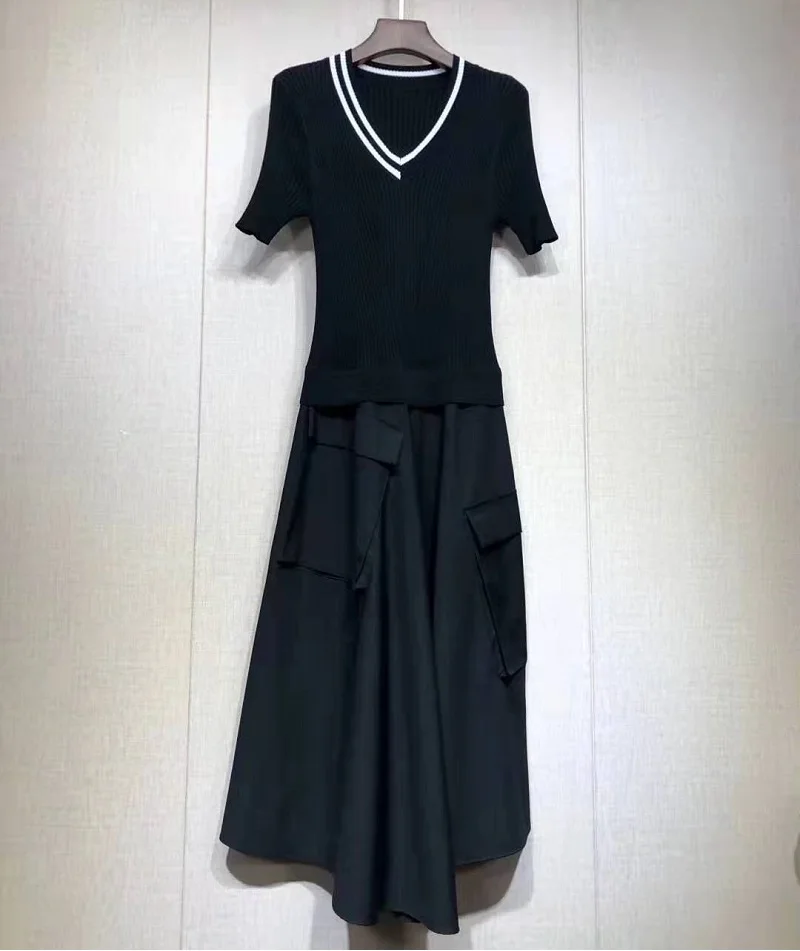 Цельнокроеное платье осеннее Повседневное платье Vestidos женское трикотажное лоскутное платье с v-образным вырезом и коротким рукавом длиной до середины икры темно-синее платье для женщин