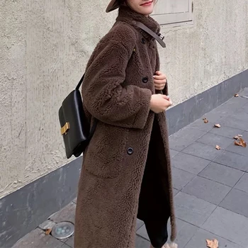 

Korean fashion shearling coats 2020 winter thick warm long fake lamb wool outerwear stand collar faux fur overcoats coffee A273