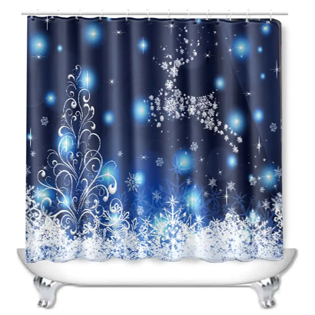 1/3/4pcs New Year Shower Curtains Blue Christmas Ball Snowflake Tree Waterproof Polyester Fabric Shower Curtain Set Doormat