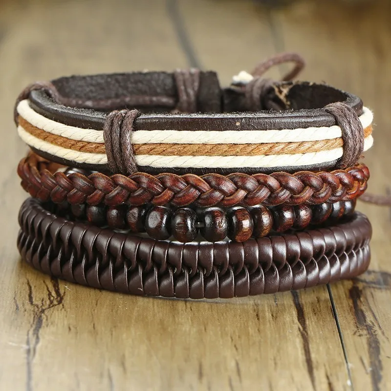 Vnox Mix 4Pcs/ Set Braided Wrap Leather Bracelets for Men Women Vintage Wooden Beads Ethnic Tribal Wristbands Bracelet Rudder - Окраска металла: 450
