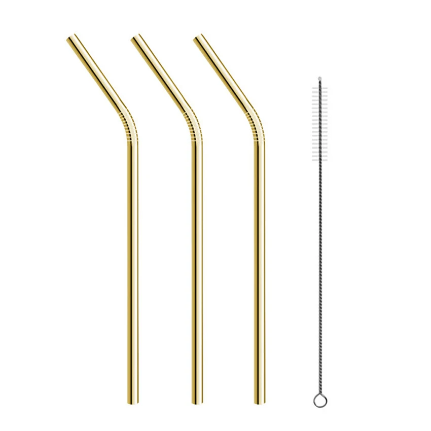 4PCS Resuable Stainless Steel Drinking Straws Home Kitchen Bar Beer Water Juice Drinkware Straws with Cleaning Brush Set - Цвет: 4PCS Gold B