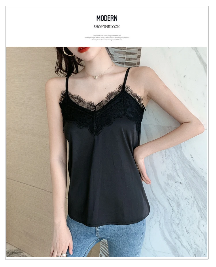 Haut Femme Summer Tops 2022 V-Neck Lace Tank Top Women Clothes White Cami Camisole Satin Silk Vest Woman Plus Size Ropa Mujer black camisole