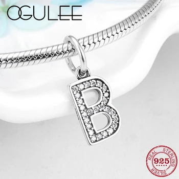 

Simple 925 Sterling Silver Letter B Charms Pendants Bead Jewelry making Clear CZ pendants fit Original Pandora Charms Bracelet