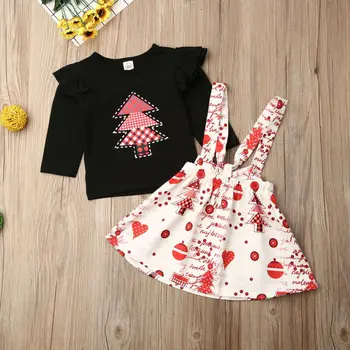 

Wholesale Christmas Toddler Kids Baby Girls Santa Tree Tops T-Shirt Suspender Skirt 2Pcs Outfits Cotton 2Pcs Set
