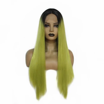 

Natural Hairline Synthetic Lace Front Wig Long Straight Women's Dark Roots Ombre Green Cosplay Wig Heat Resistant Fiber Hair