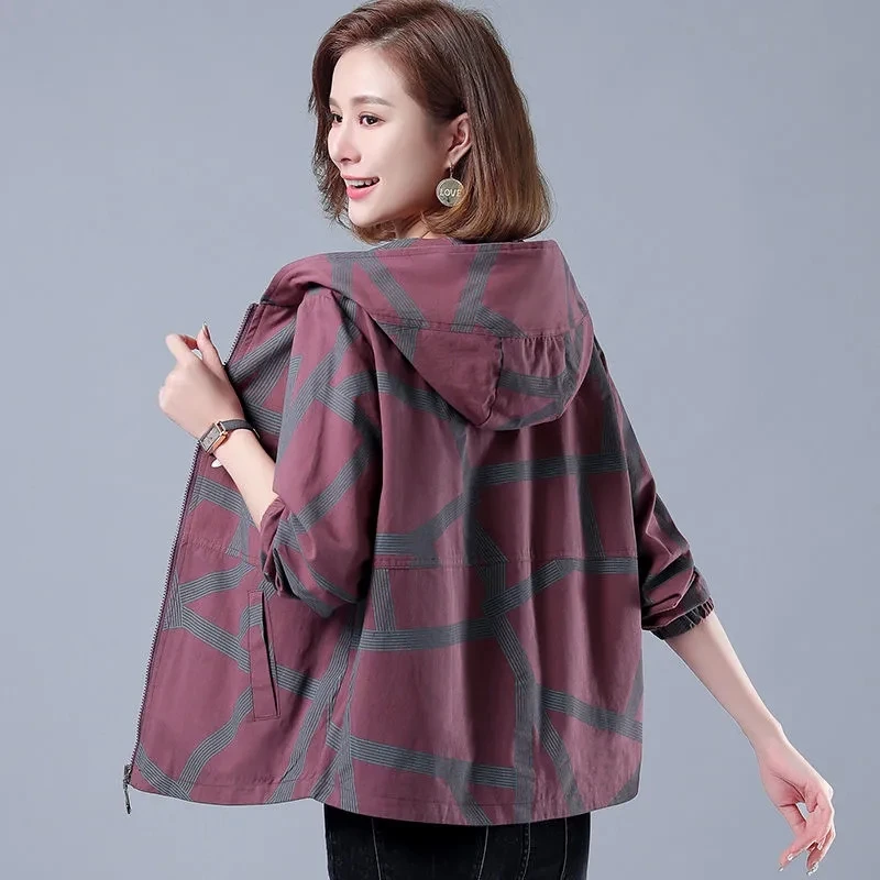 Print Lining Short Jacket Female Middle Aged Elderly Women's  Spring Autumn Korean Loose Jacket Hooded Mother Tops Vintage  W71