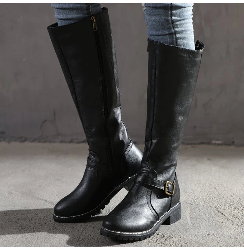 Women Mid-calf Boots Fashion Metal Buckle Boots Women's Leather Footwear Woman Zip Shoes Ladies Round Toe Wedges Big Size