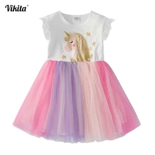 VIKITA/платье с единорогом для девочек; Детские платья-пачки с героями мультфильмов; Vestidos; летнее платье для малышей; платья принцессы без рукавов